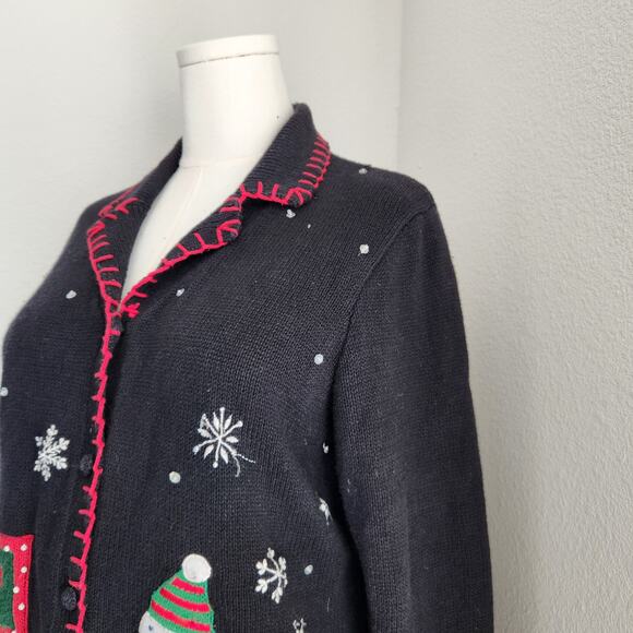 Vintage 90s Basic Editions Holiday Black Snowflake Christmas Sweater Cardigan M - Picture 5 of 10